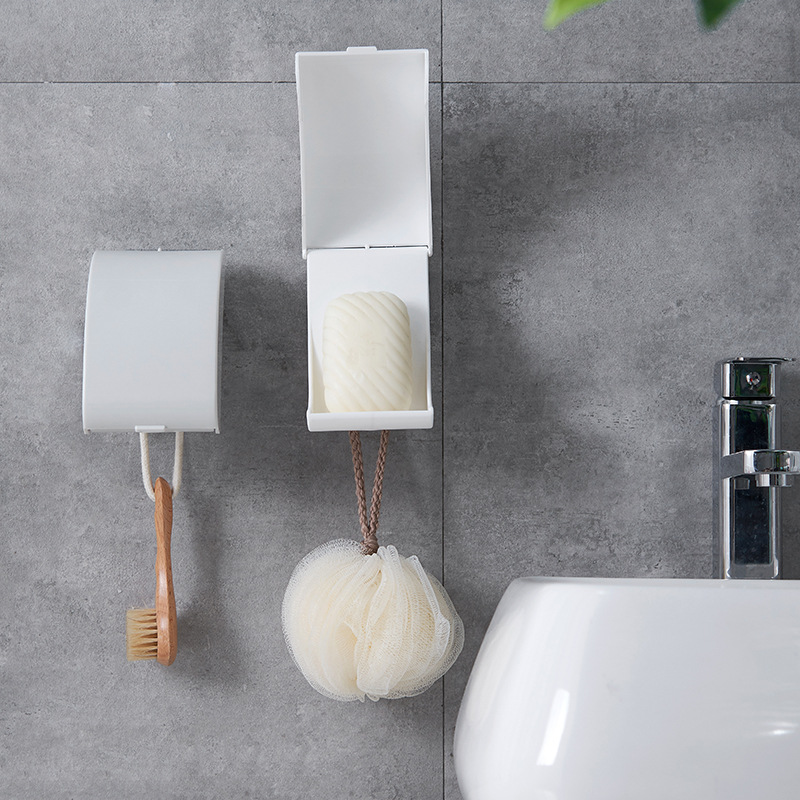 Wall-mounted soap box with lid, no drilling, traceless soap box, double-layer draining, bathroom and toilet storage rack