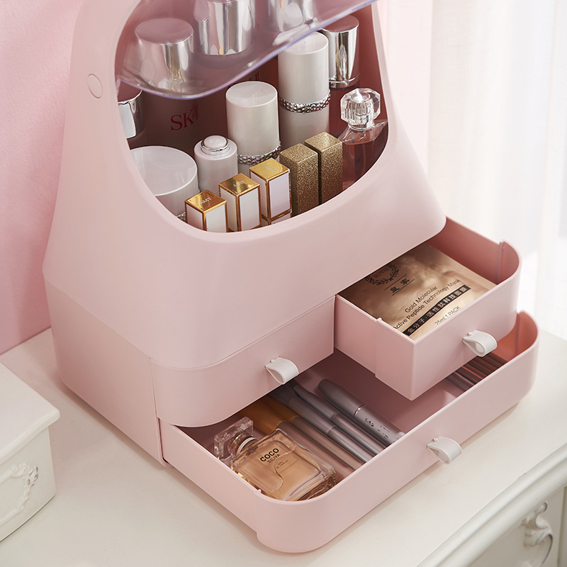 Solid-color cosmetic storage box, dust-proof and soundproof, the same style as home desktop, large-capacity dressing table, skin care product rack Specification image