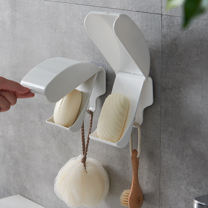 Wall-mounted soap box with lid, no drilling, traceless soap box, double-layer draining, bathroom and toilet storage rack Application Scenario