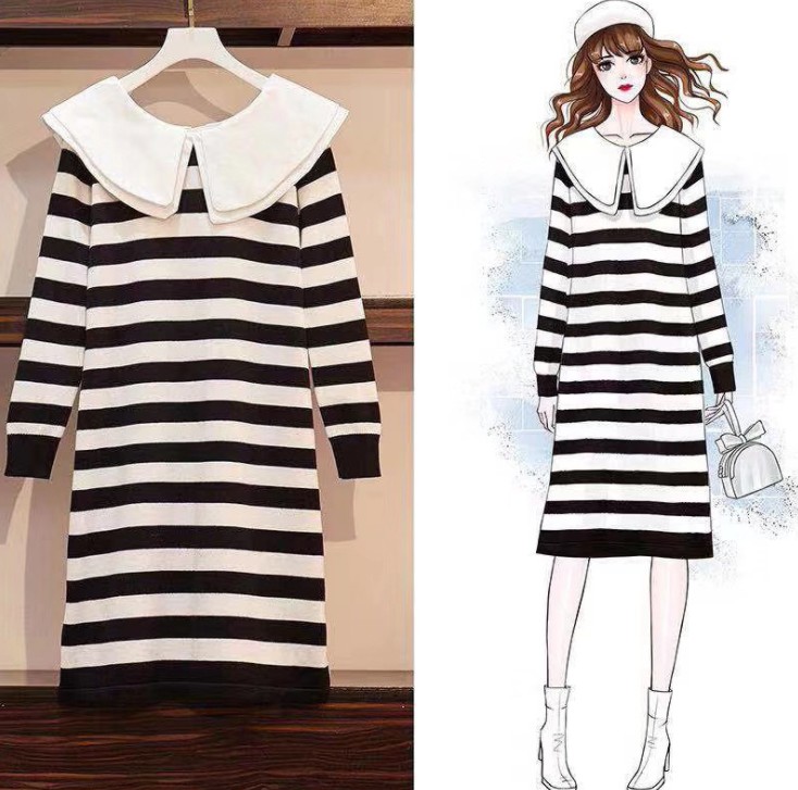 Autumn and winter Japanese-style baby collar dress that conceals flesh and makes one look slimmer, cute dress for women, loose knitted dress, striped sweater dress for women Item Picture