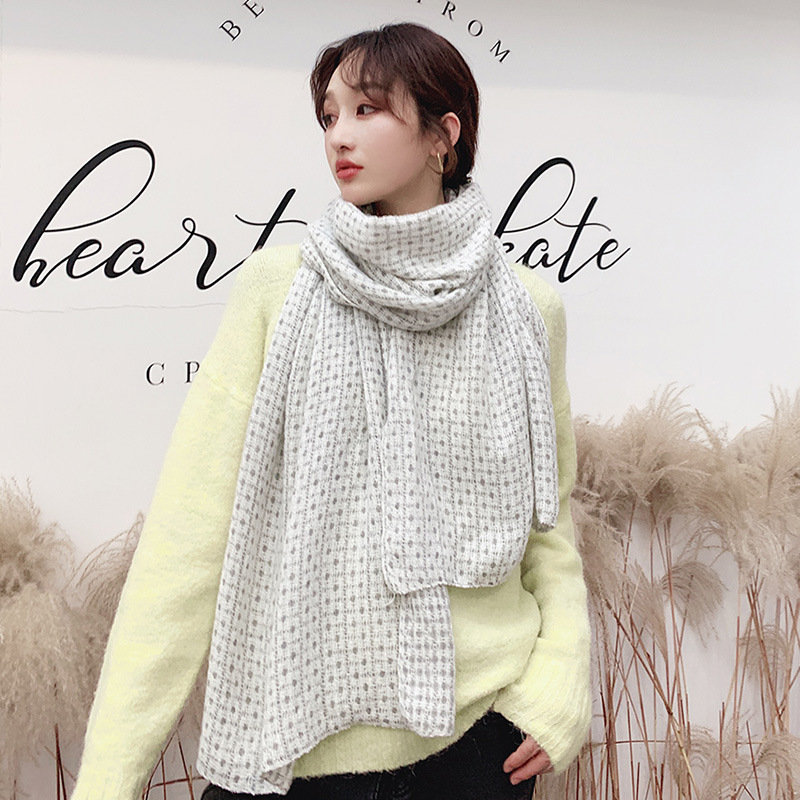 女士保暖围巾流苏长款加厚2019秋冬新款韩版小圆点格子学生潮围脖
