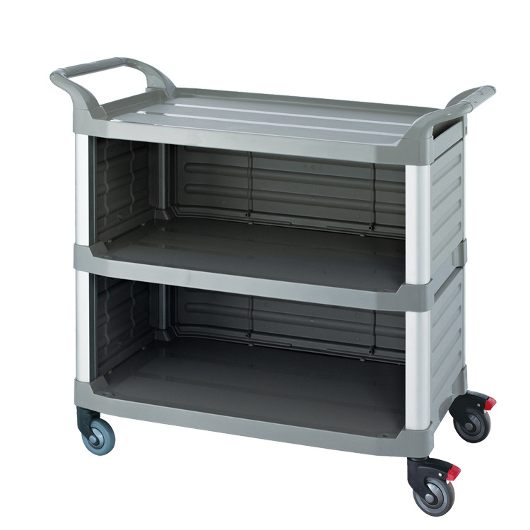 A three-layer plastic food delivery vehicle for banquets in southern star hotels, a large multi-functional hand-pushed service vehicle with a baffle details Picture
