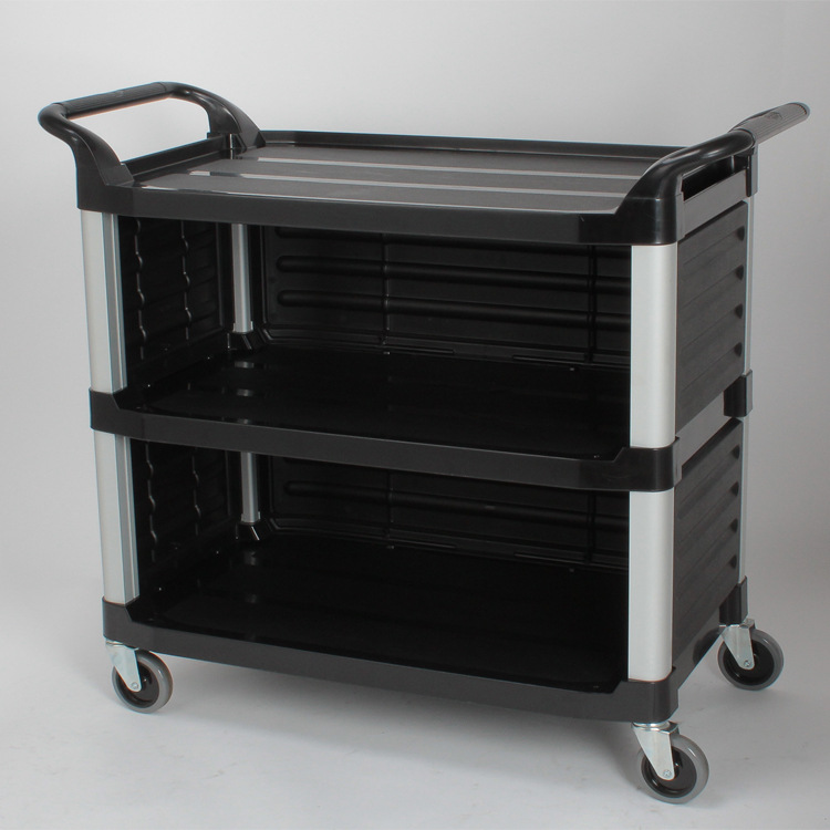 A three-layer plastic food delivery vehicle for banquets in southern star hotels, a large multi-functional hand-pushed service vehicle with a baffle