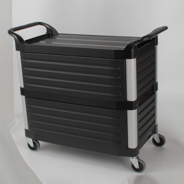 A three-layer plastic food delivery vehicle for banquets in southern star hotels, a large multi-functional hand-pushed service vehicle with a baffle Specification image