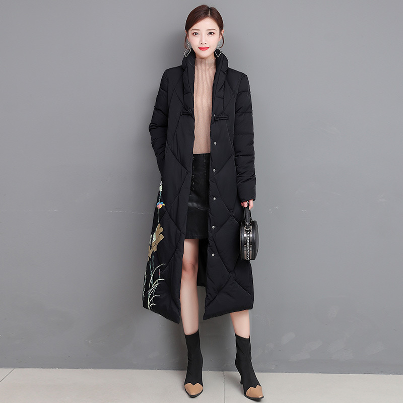 Retro Chinese-style long cotton-padded jacket for women, 2019 new stand-up collar printed down cotton-padded jacket with buttons, ethnic style mom dress Application Scenario