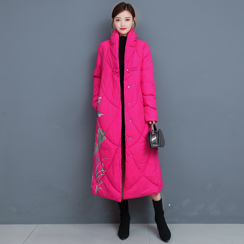 Retro Chinese-style long cotton-padded jacket for women, 2019 new stand-up collar printed down cotton-padded jacket with buttons, ethnic style mom dress Specification image