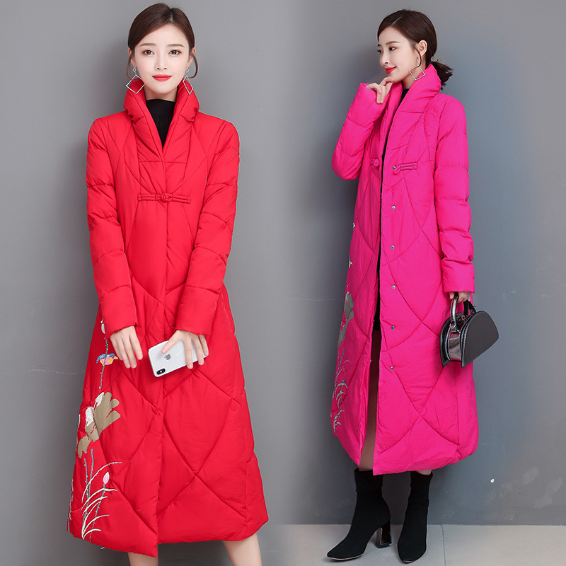 Retro Chinese-style long cotton-padded jacket for women, 2019 new stand-up collar printed down cotton-padded jacket with buttons, ethnic style mom dress details Picture