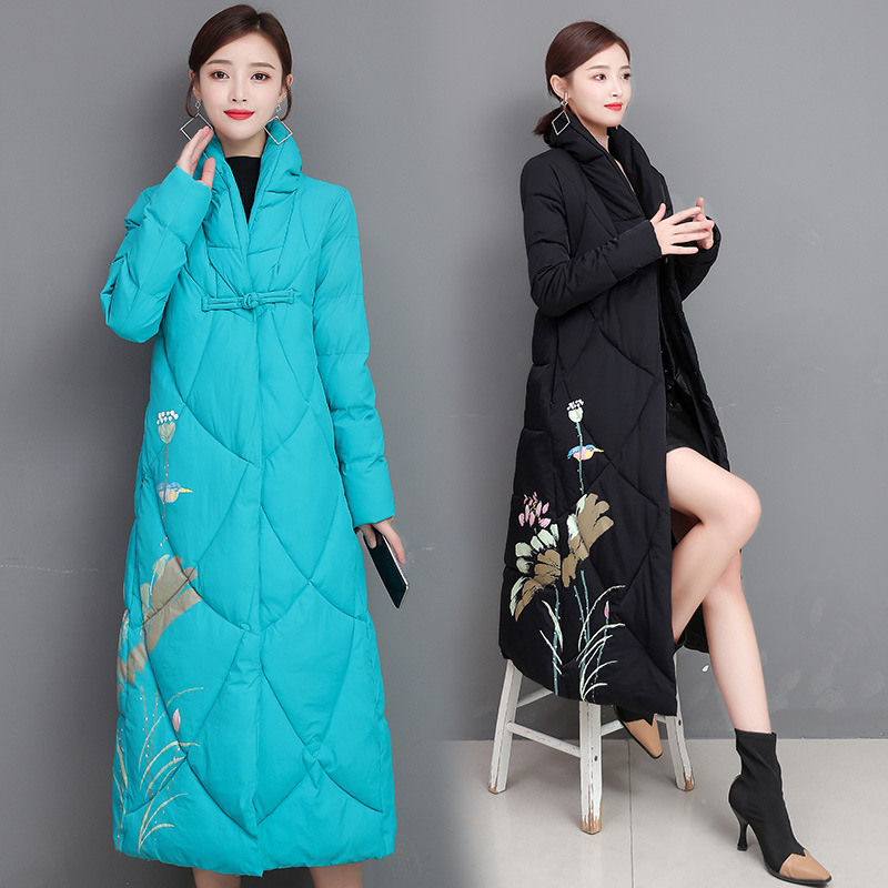 Retro Chinese-style long cotton-padded jacket for women, 2019 new stand-up collar printed down cotton-padded jacket with buttons, ethnic style mom dress