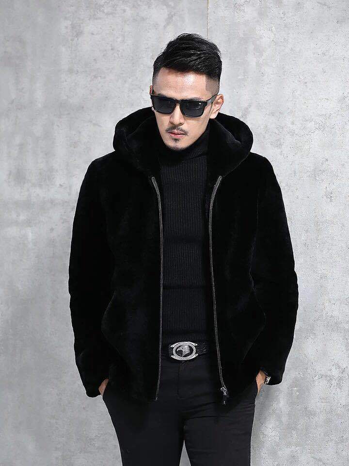A Korean-style slim-fit men's leather jacket that imitates fur, a casual and fashionable men's leather jacket