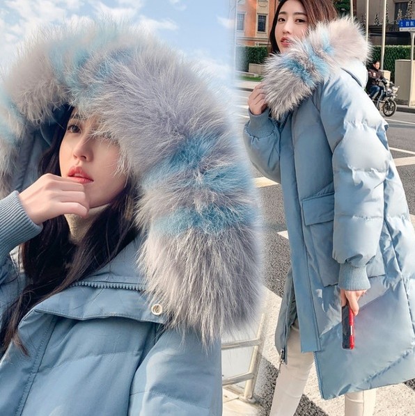 Official website picture: White duck down 2019 large fur collar down jacket for women, mid-length, loose and thick, slimming coat for women in winter Specification image