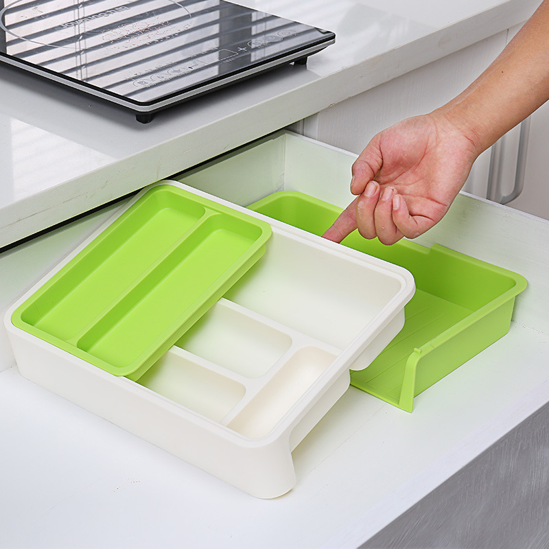 Retractable kitchen storage rack, tableware drawer, organizing and storage box, freely separable and compartment-divided plastic organizing box Application Scenario