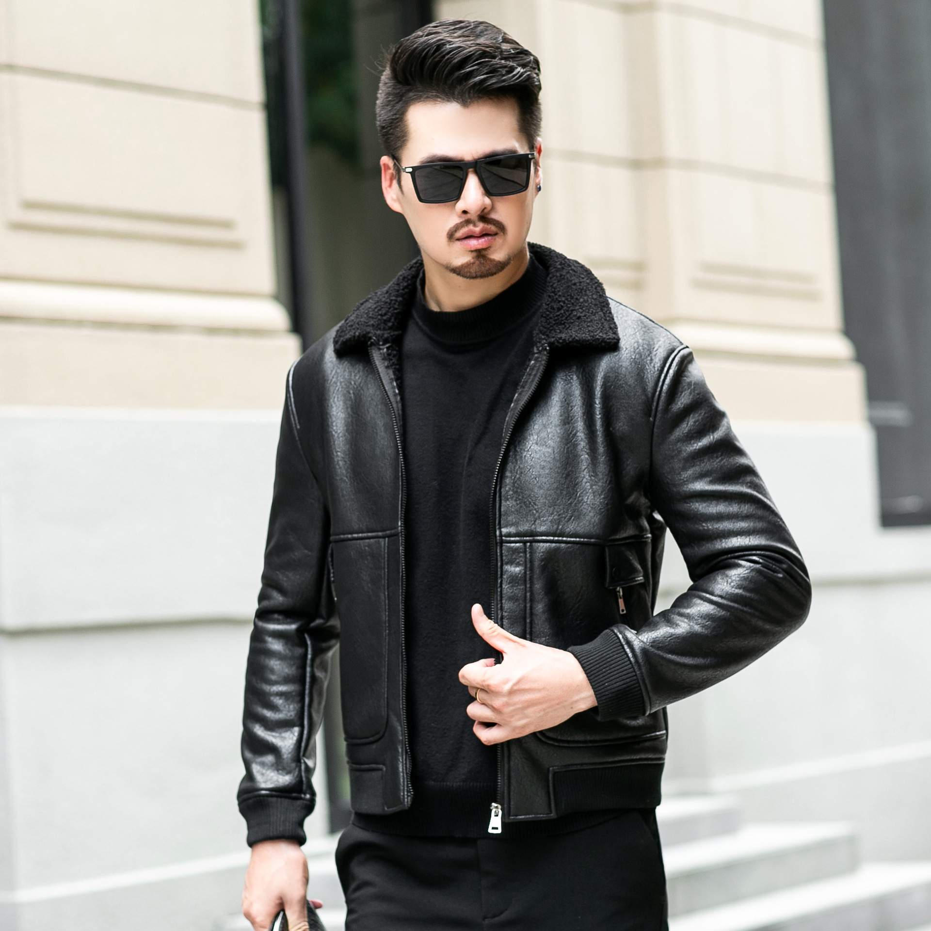 Teddy fleece slim-fit men's leather jacket and fleece leather jacket for the new autumn and winter collection of 2019