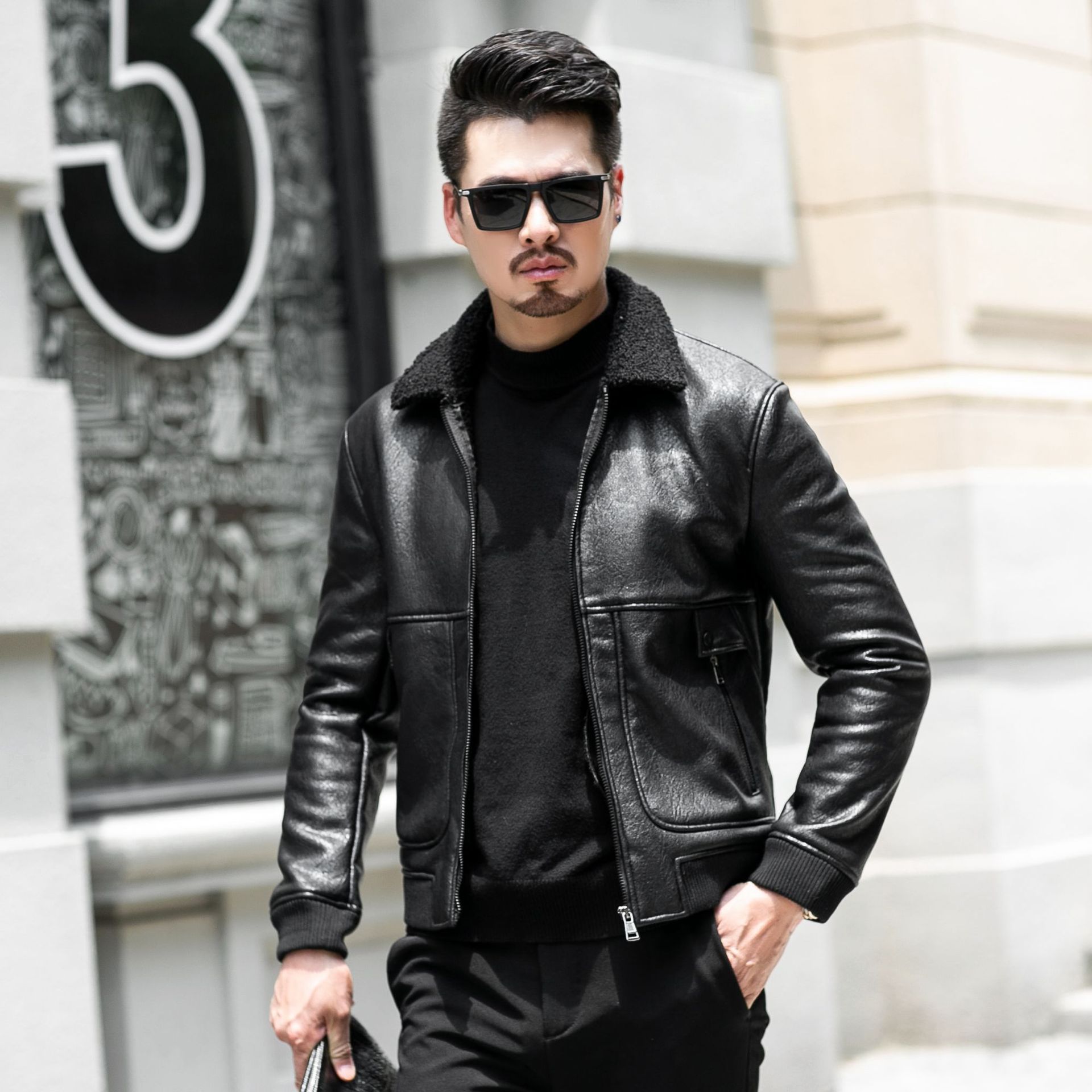 Teddy fleece slim-fit men's leather jacket and fleece leather jacket for the new autumn and winter collection of 2019 Specification image