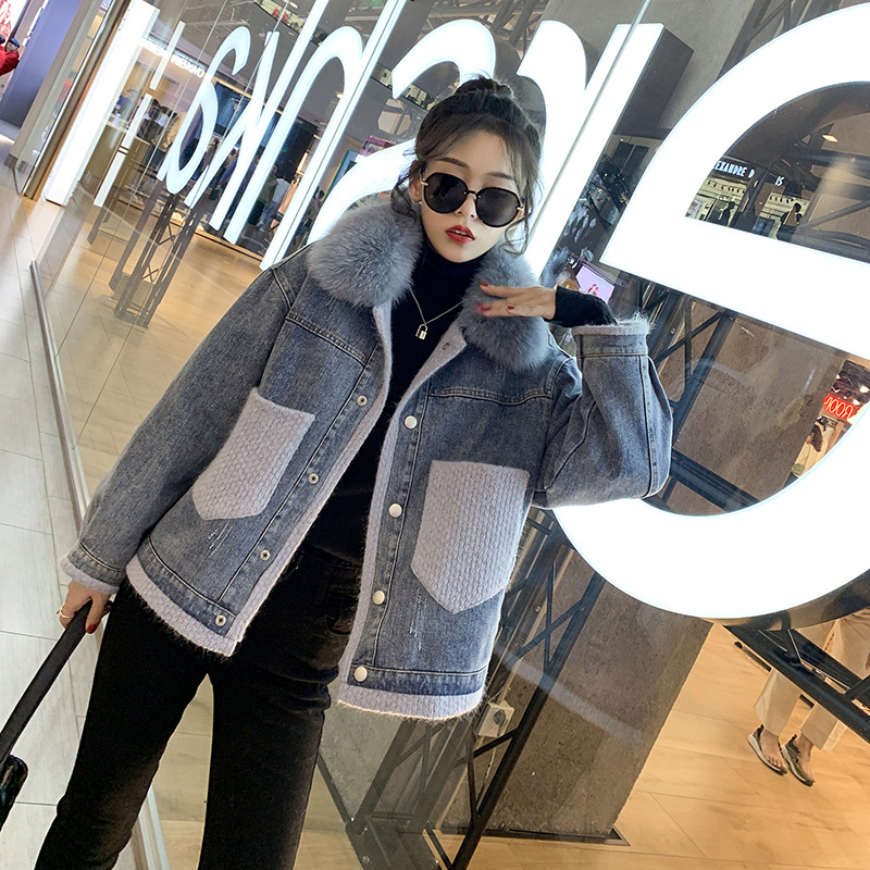Korean style fashionable large fur collar fleece denim cotton-padded jacket for women autumn and winter 2019 new thickened loose patchwork cotton-padded jacket details Picture