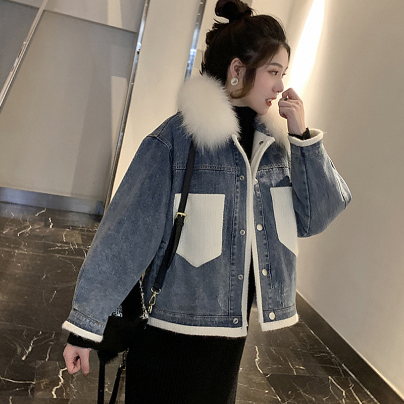 Korean style fashionable large fur collar fleece denim cotton-padded jacket for women autumn and winter 2019 new thickened loose patchwork cotton-padded jacket