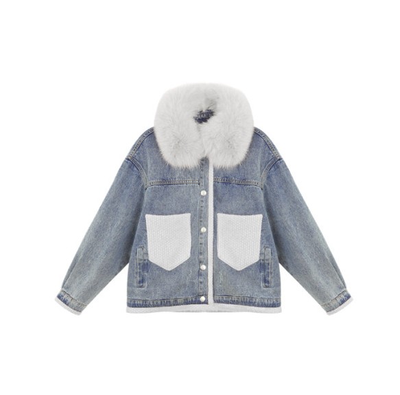 Korean style fashionable large fur collar fleece denim cotton-padded jacket for women autumn and winter 2019 new thickened loose patchwork cotton-padded jacket Item Picture