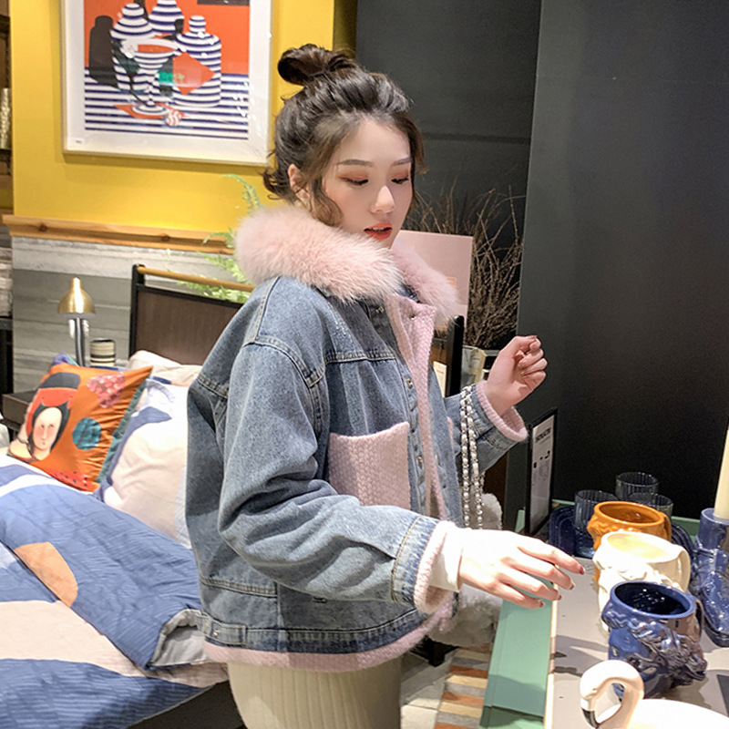 Korean style fashionable large fur collar fleece denim cotton-padded jacket for women autumn and winter 2019 new thickened loose patchwork cotton-padded jacket Specification image