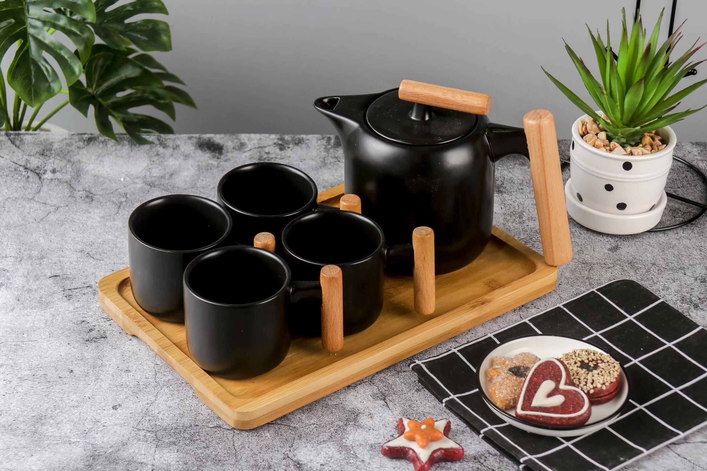 木柄木托盘简约陶瓷茶具套装1壶4杯加1托盘