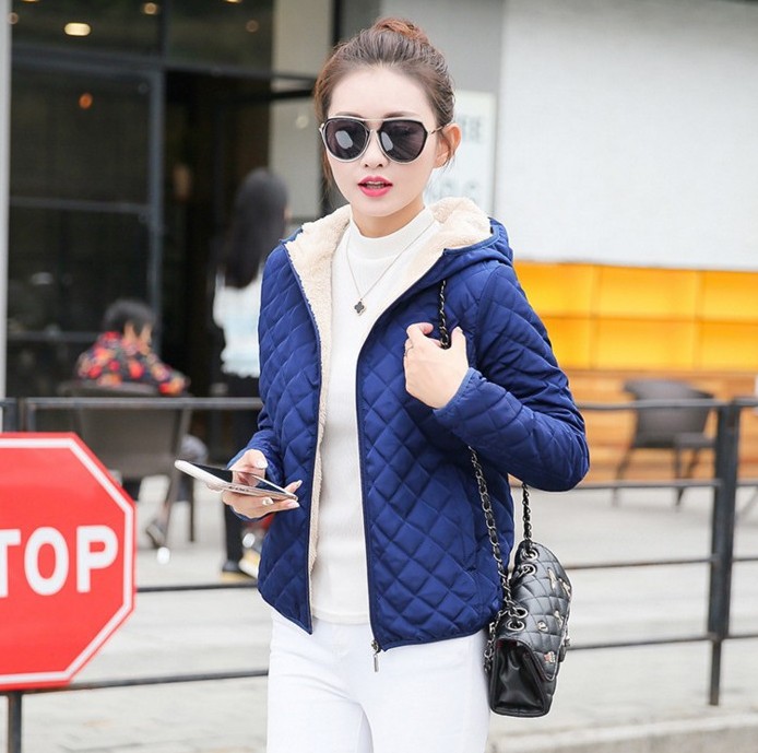 Autumn and winter checkered embroidered short coat with fleece and thickened lambskin cotton-padded jacket Specification image
