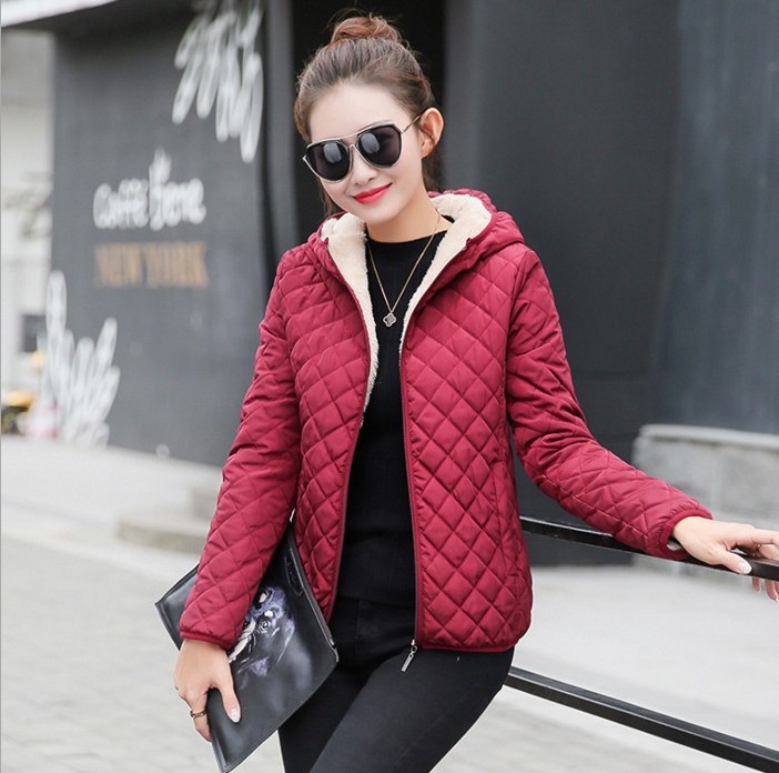 Autumn and winter checkered embroidered short coat with fleece and thickened lambskin cotton-padded jacket