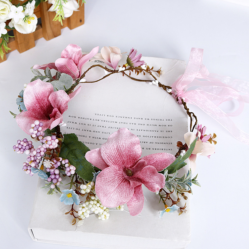 Garland headwear, bride's wedding hair accessory, pink tie flower headband, handcrafted fabric photo headwear
