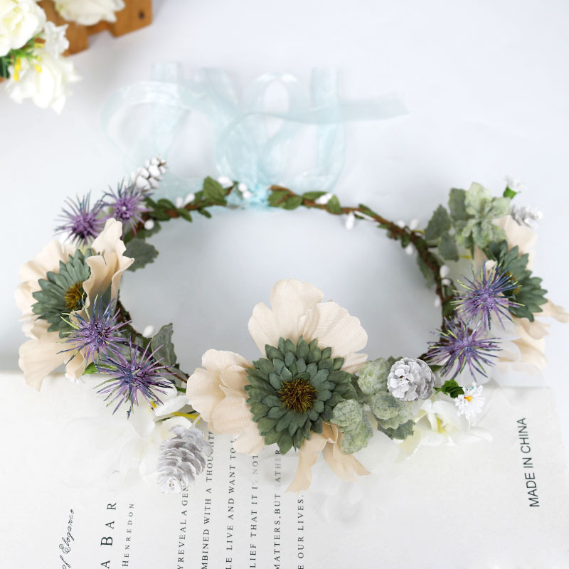 Garland headwear, European and American wedding hair accessories, retro blue sunflower garland, handcrafted bow ribbon headwear