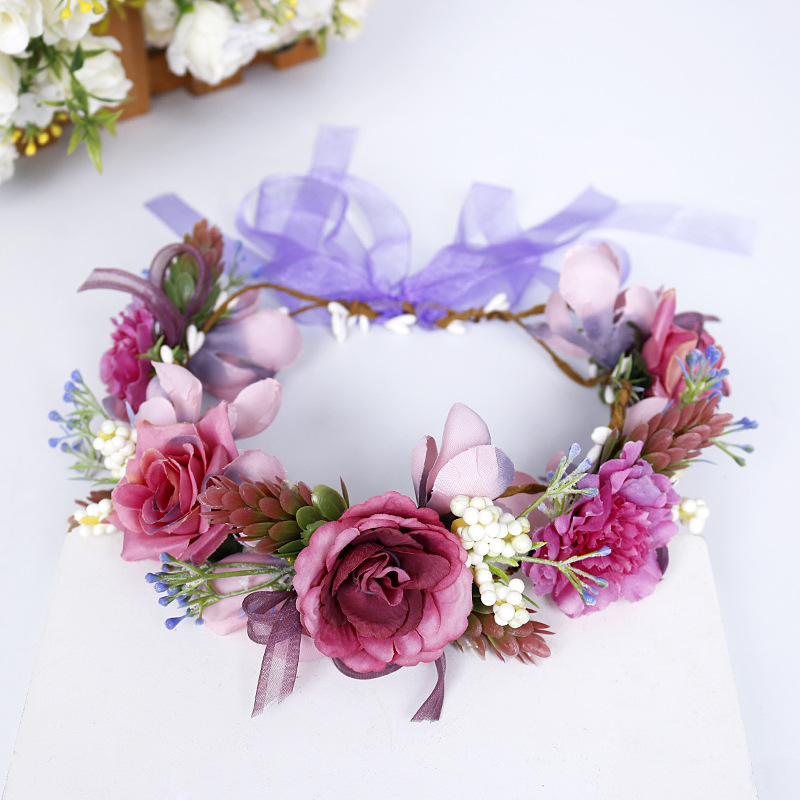 Xinyun Bride headwear, European and American garlands, hair accessories, wedding ornaments, hair flowers, children's purple romantic tie garlands wholesale