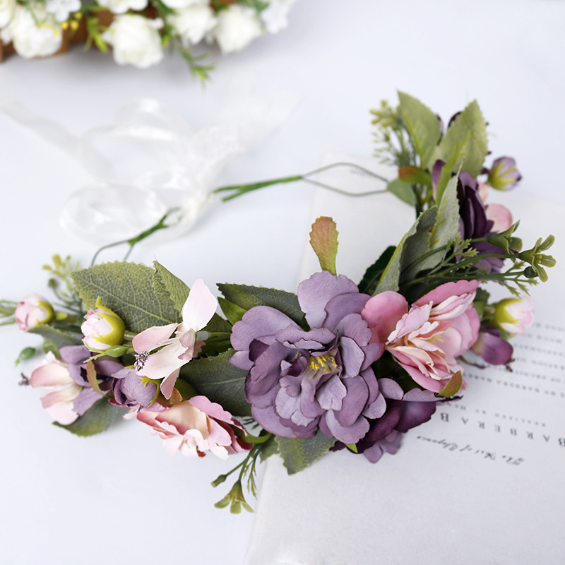 New handcrafted headwear, wedding accessories, tie purple flower headband, festival stage performance hair accessories details Picture