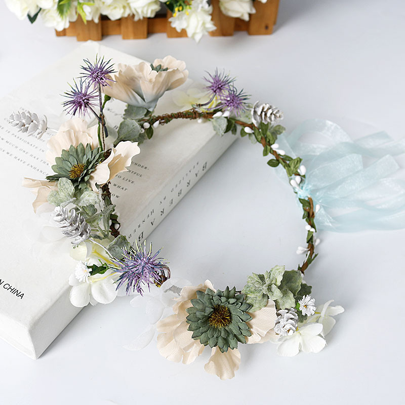 Garland headwear, European and American wedding hair accessories, retro blue sunflower garland, handcrafted bow ribbon headwear Specification image