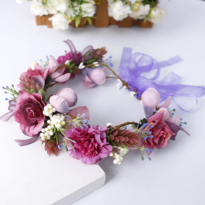 Xinyun Bride headwear, European and American garlands, hair accessories, wedding ornaments, hair flowers, children's purple romantic tie garlands wholesale details Picture
