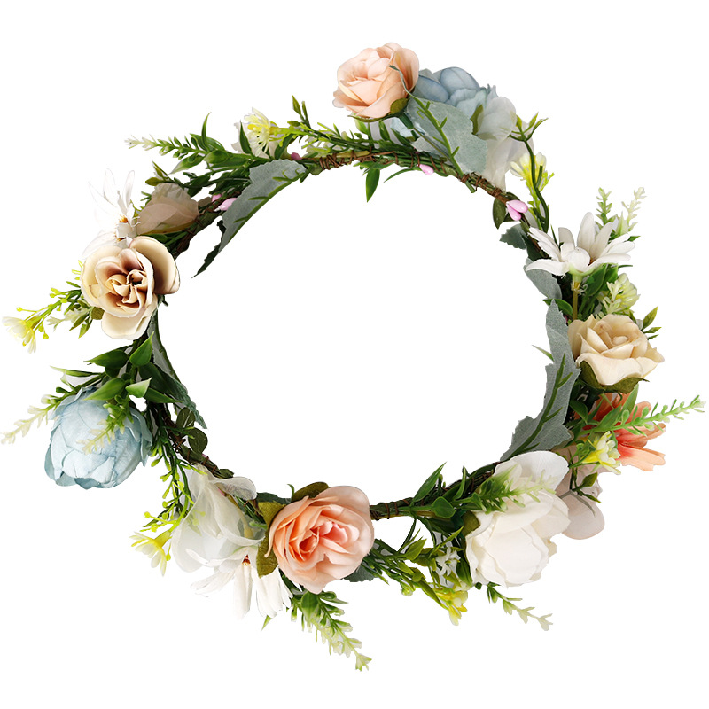 European and American flower garlands, Amazon bestsellers, green faux flower headbands, pink rose handcrafted hair bouquets, bridal hair accessories Item Picture