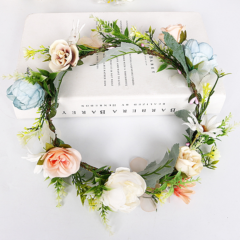 European and American flower garlands, Amazon bestsellers, green faux flower headbands, pink rose handcrafted hair bouquets, bridal hair accessories