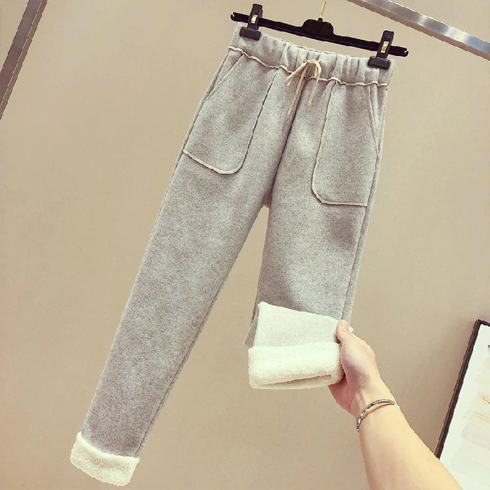 Woolen pants for women's autumn and winter, new faux lambskin straight-leg casual high-waisted nine-inch radish pants and small-leg Harem pants Item Picture