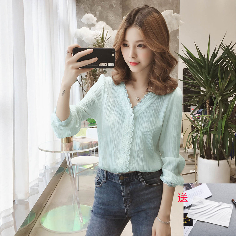 Chiffon shirt for women, 2019 new spring collection, Korean V-neck top, long-sleeved, stylish design, niche white shirt Specification image