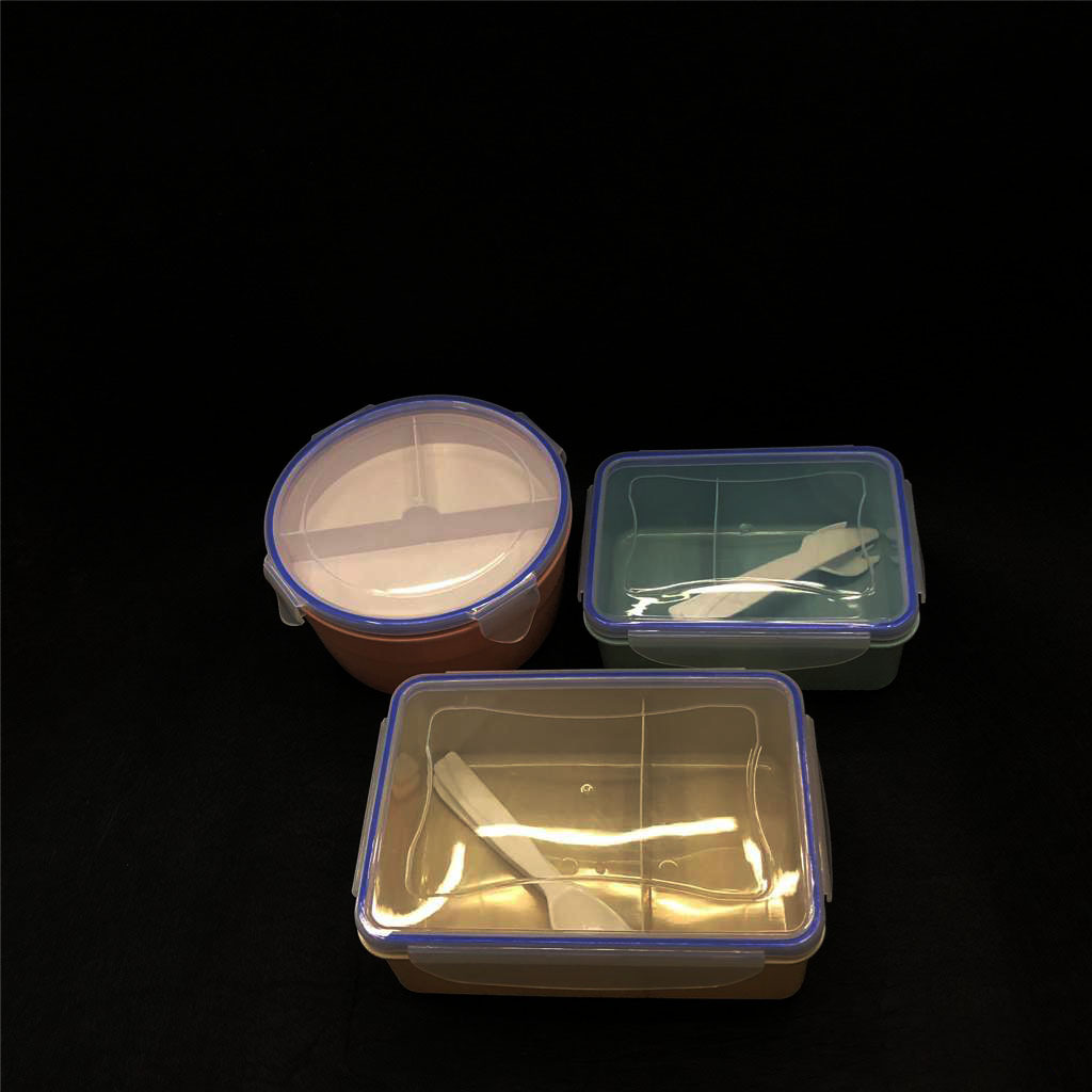 透明带刀叉长方形饭盒卡扣两格密封饭盒高档便携便当盒RS-1574