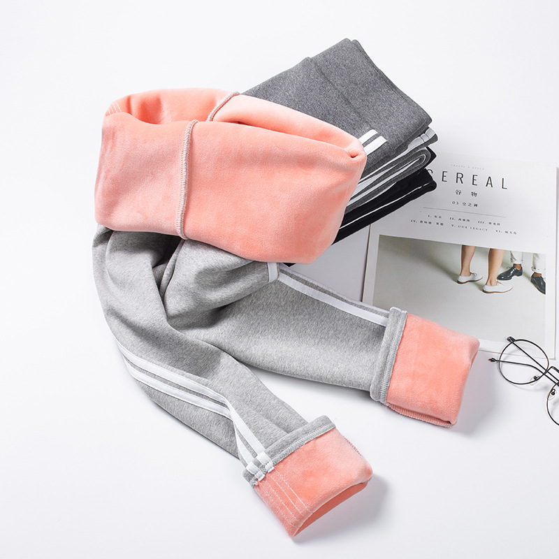 New winter pure cotton leggings for women, thickened with fleece, tight-fitting and warm sports cotton pants with elastic vertical stripes on the outside details Picture