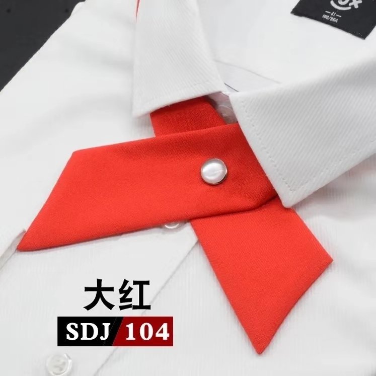 A 5-centimeter single-color cross-knot tie for a man's wedding in red, black, white, blue, yellow and cyan. A narrow hand-tied tie for a woman's entertainment