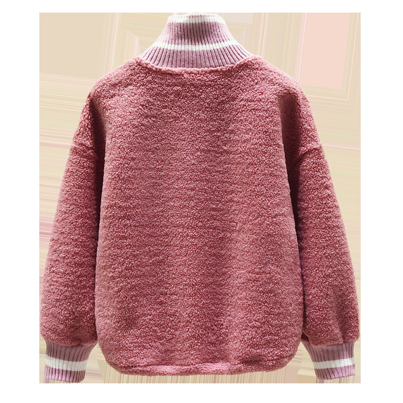 Lambskin zipper hoodie for women, versatile stand-up collar, new autumn and winter style with added fleece and thickened, popular Korean-style loose coat Item Picture
