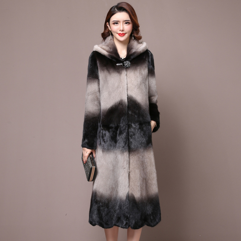 Women's mink fur coat, mid-length mink fur imitation coat, 2019 new style with hood and fashionable section dyeing