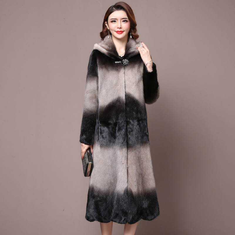 Women's mink fur coat, mid-length mink fur imitation coat, 2019 new style with hood and fashionable section dyeing details Picture