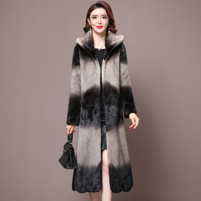 Women's mink fur coat, mid-length mink fur imitation coat, 2019 new style with hood and fashionable section dyeing Specification image
