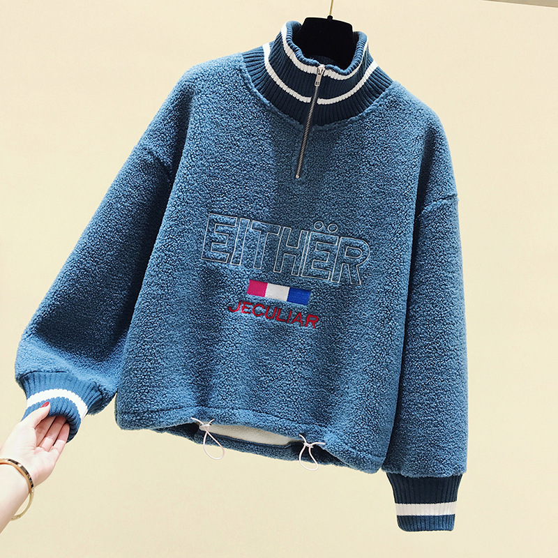 Lambskin zipper hoodie for women, versatile stand-up collar, new autumn and winter style with added fleece and thickened, popular Korean-style loose coat details Picture