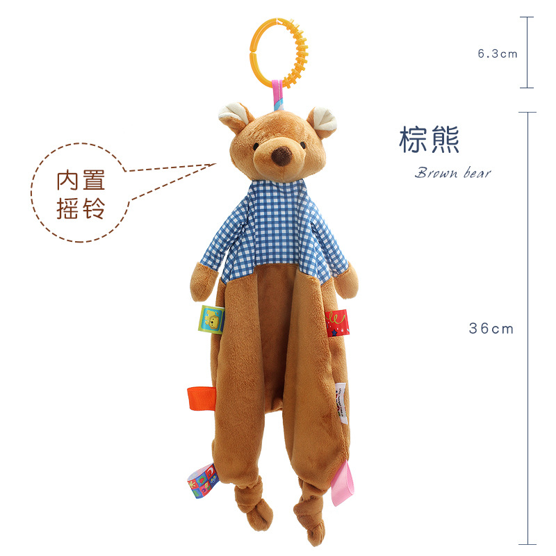 Newborn cartoon animal soothing towel with rattle, colorful label rabbit monkey doll soothing toy Application Scenario