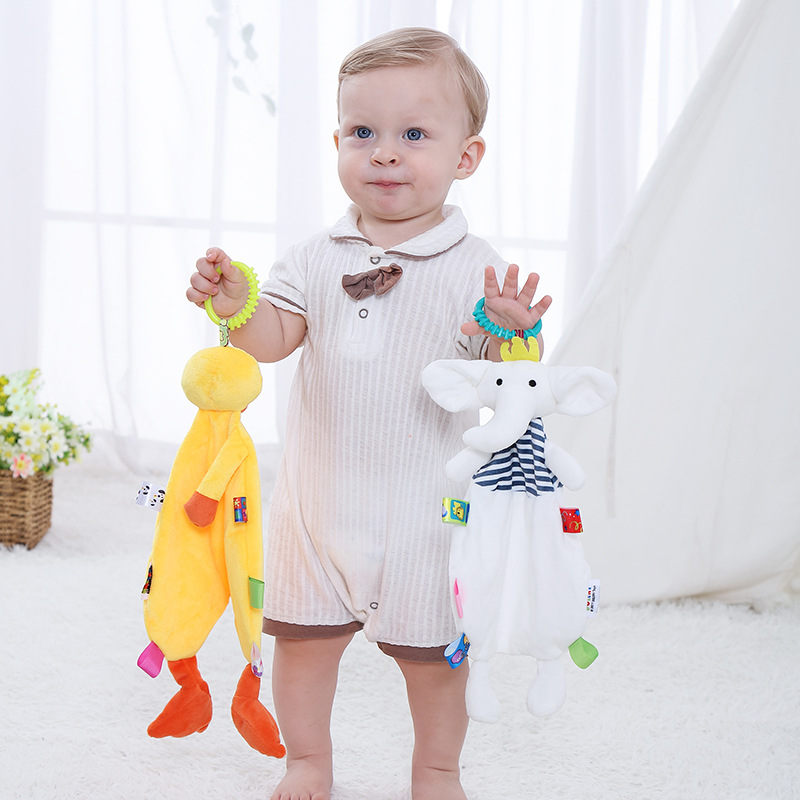 Newborn cartoon animal soothing towel with rattle, colorful label rabbit monkey doll soothing toy Specification image