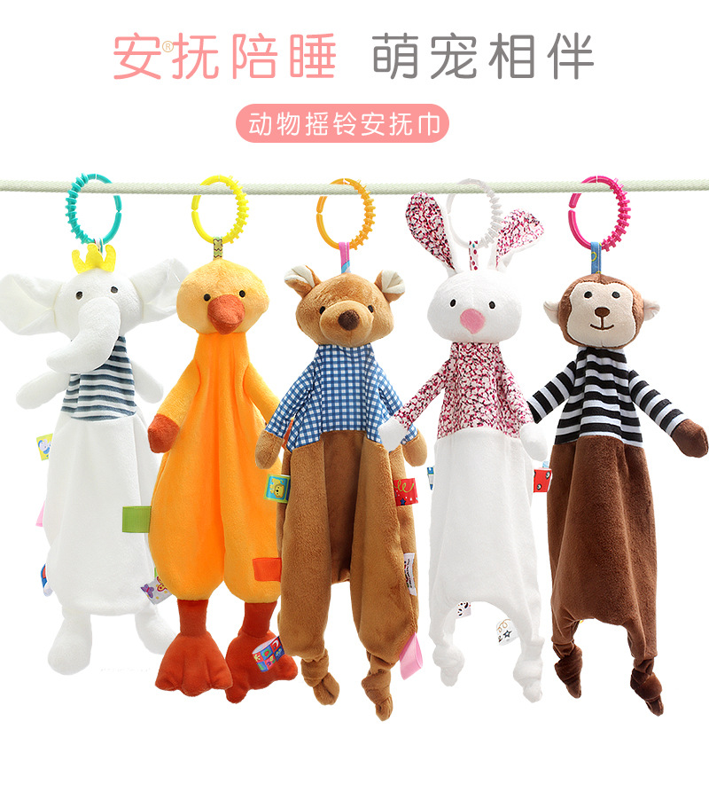 Newborn cartoon animal soothing towel with rattle, colorful label rabbit monkey doll soothing toy details Picture
