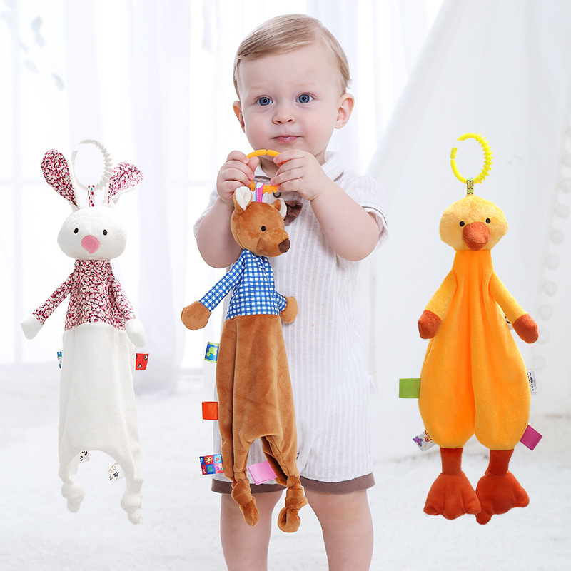 新生儿卡通动物安抚巾带摇铃彩色标签兔子猴子玩偶安抚玩具