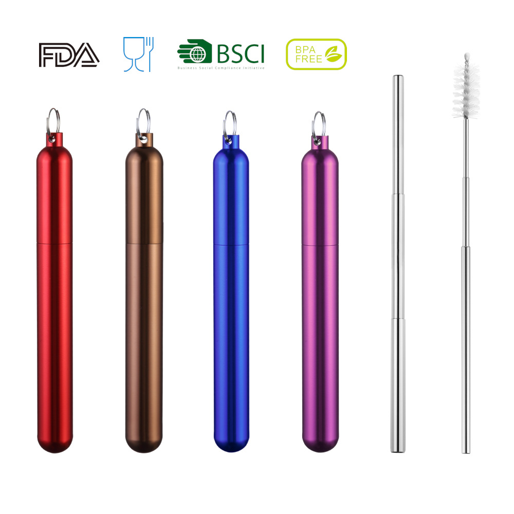 collapsible stainless steel 亚马逊爆款 不锈钢伸缩吸管套装 便携易清洁可重复利用不锈钢吸管。