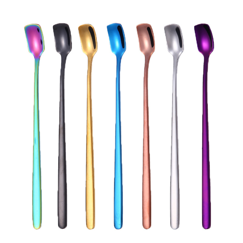 The spoon304 stainless steel long-handled coffee blender ice spoon, colorful ice spoon, Korean-style gold-plated square head spoon, creative tableware decoration spoon, stainless steel coffee blender spoon, spoon, dinner spoon Item Picture