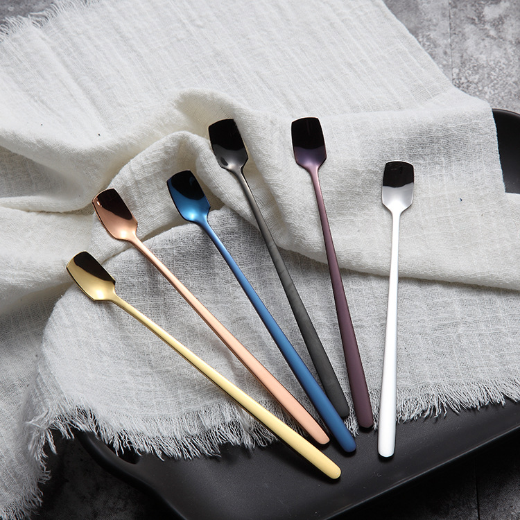 The spoon304 stainless steel long-handled coffee blender ice spoon, colorful ice spoon, Korean-style gold-plated square head spoon, creative tableware decoration spoon, stainless steel coffee blender spoon, spoon, dinner spoon