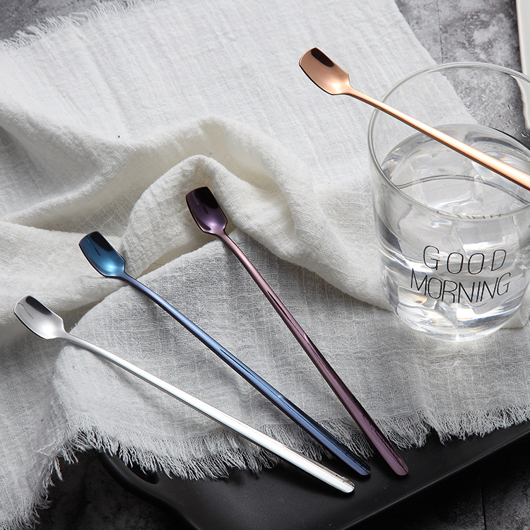The spoon304 stainless steel long-handled coffee blender ice spoon, colorful ice spoon, Korean-style gold-plated square head spoon, creative tableware decoration spoon, stainless steel coffee blender spoon, spoon, dinner spoon details Picture